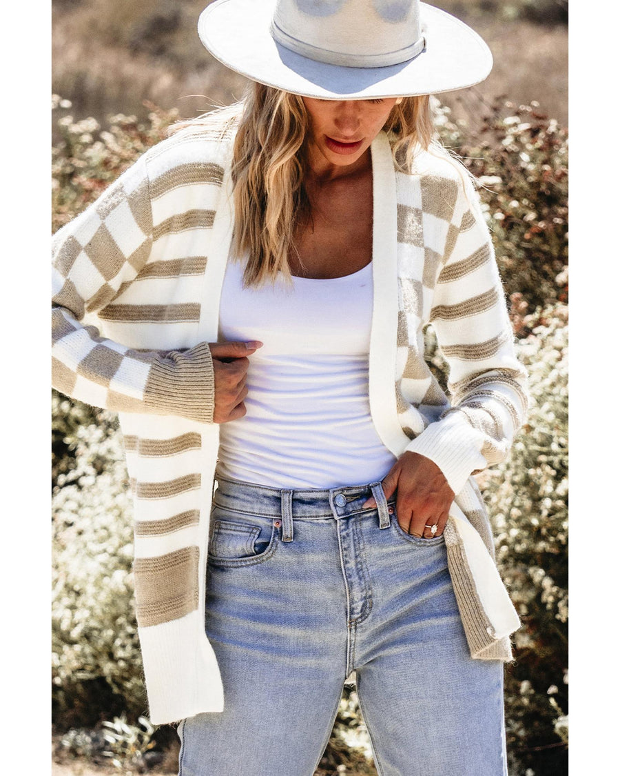 Smoke Gray Gingham Striped Knitted Open Front Cardigan - L