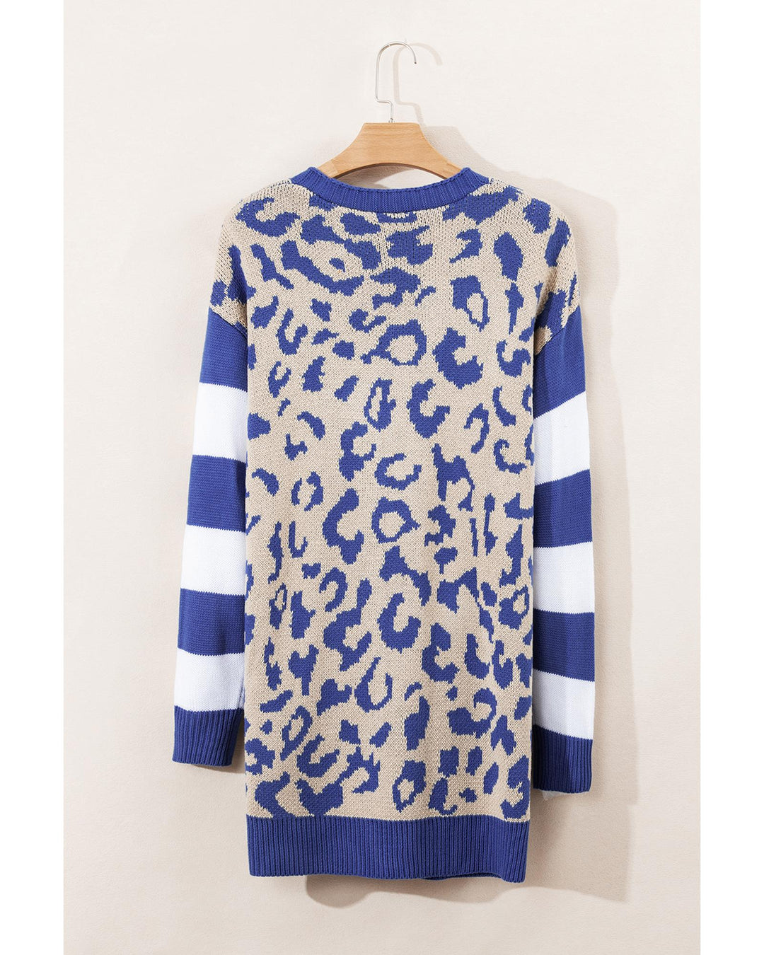 Dark Blue Stripe Sleeve Leopard Print Open Front Cardigan With Pockets - S