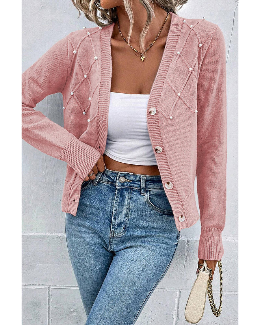 Sepia Rose Textured Knit Pearl Beaded Button Up Cardigan - L