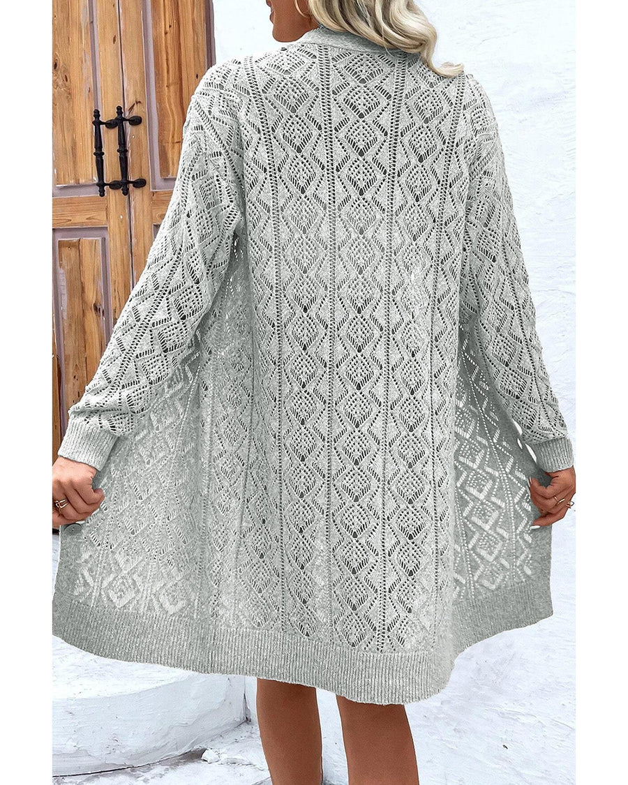 Gray Hollow Out Buttons Front Long Cardigan - S