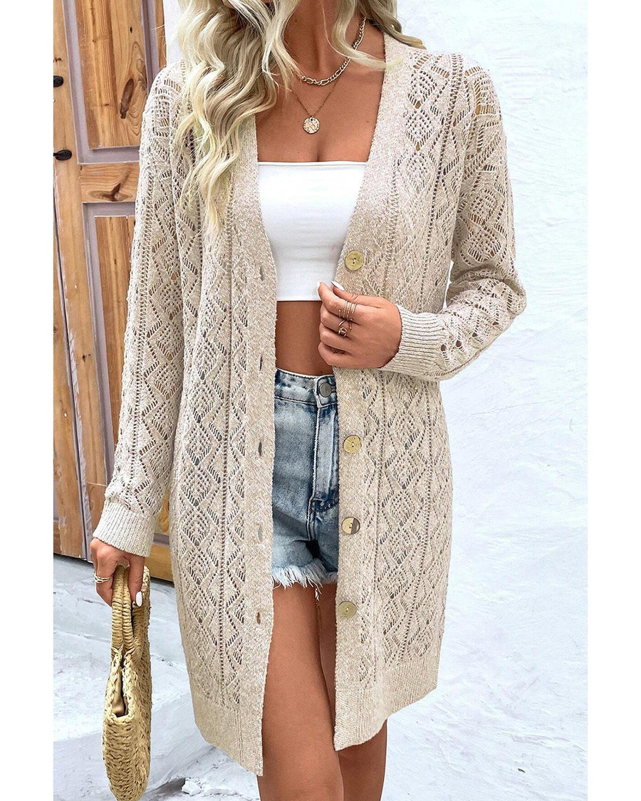 Parchment Hollow Out Buttons Front Long Cardigan - L
