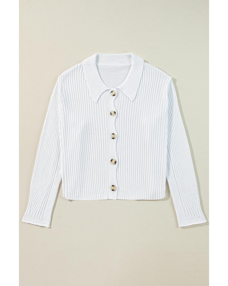 White Collared Button-up Loose Fit Casual Sweater - L