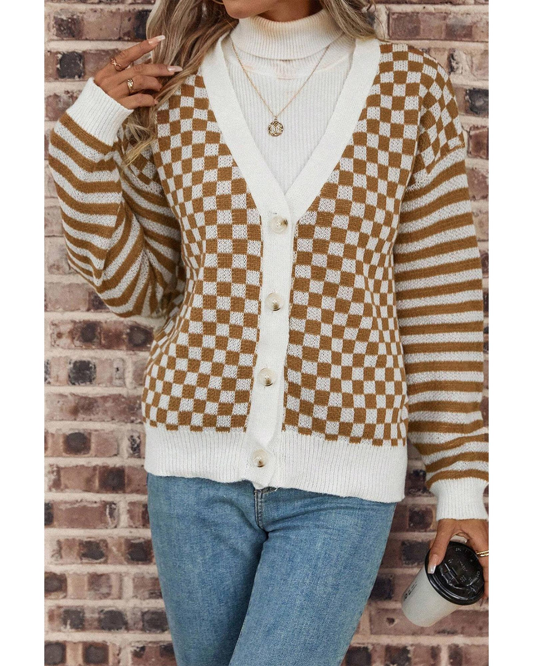 Brown Checkered Striped Patched Buttoned V Neck Cardigan - L