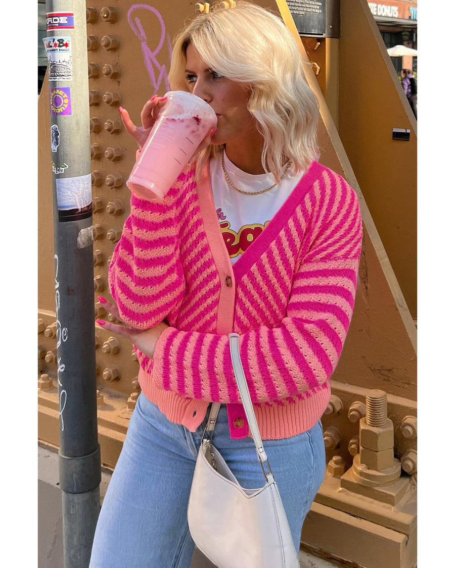 Pink Striped Buttoned V Neck Drop Shoulder Cardigan - M