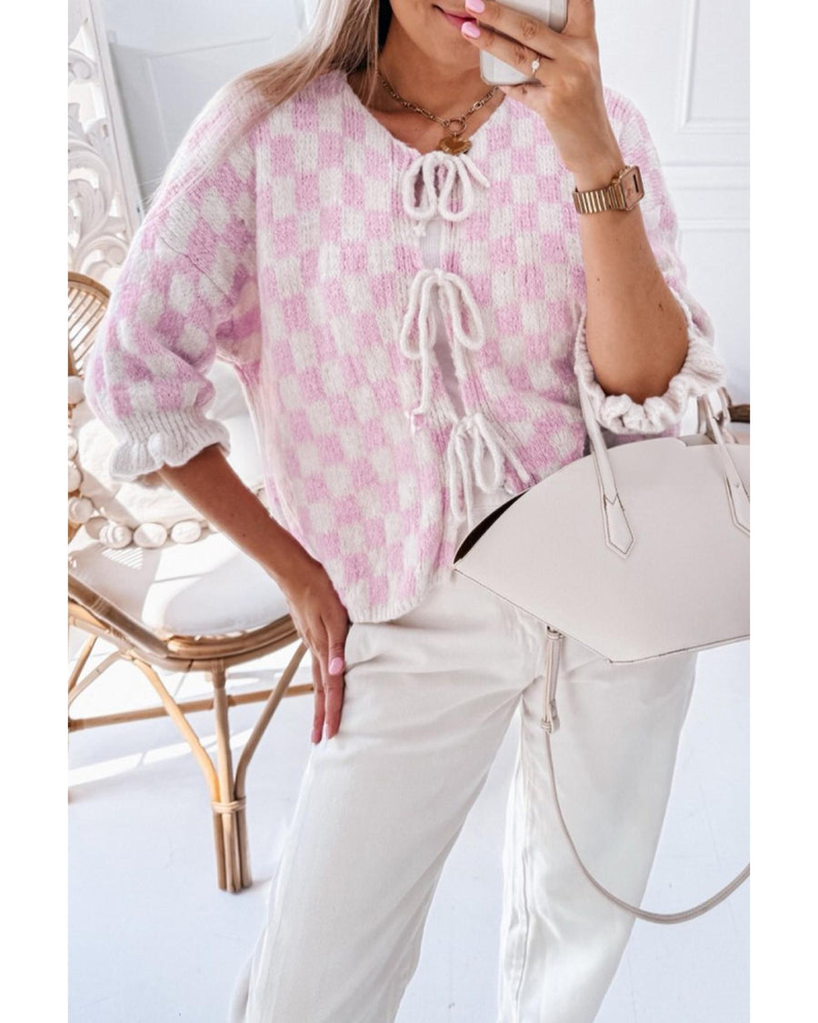 Light Pink Checkered Knitted Lace-up Ruffled 3/4 Sleeve Cardigan - XL
