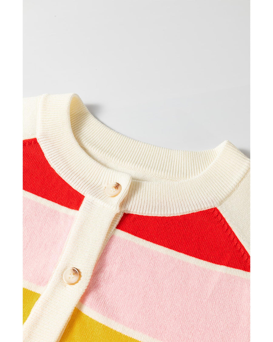 White Stripe Colorful Pattern Button Front Sweater Cardigan - M