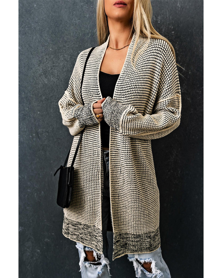 Apricot Plaid Knitted Long Open Front Cardigan - L