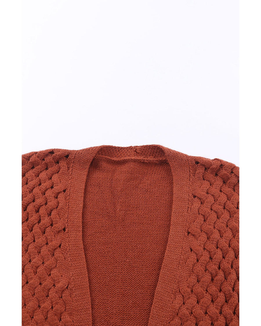 Brown Open Front Woven Texture Knitted Cardigan with Pockets - L