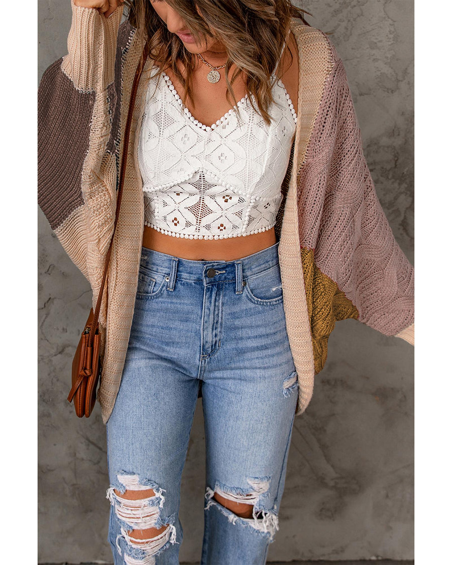 Brown Color Block Loose Open Front Knitted Cardigan - 2XL