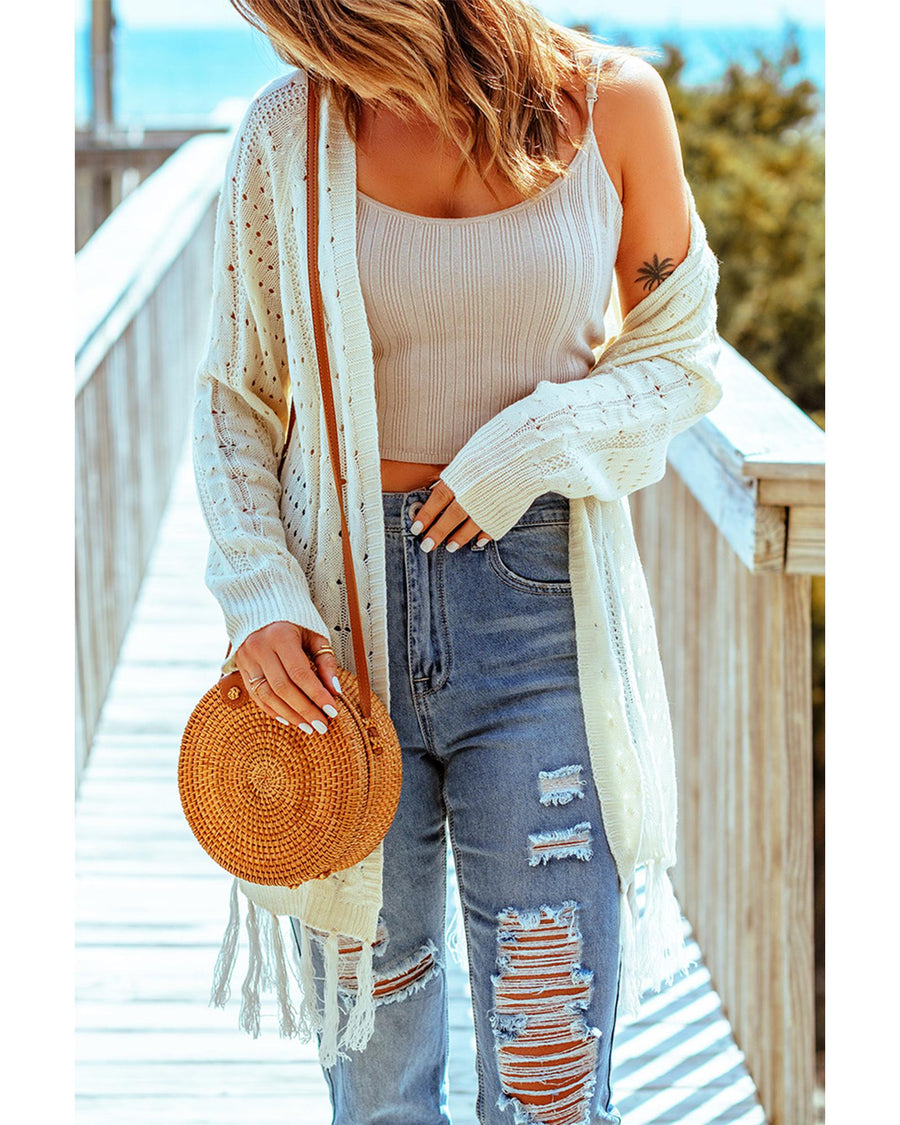Beige Tasseled Hollow-out Cable Knit Cardigan - One Size