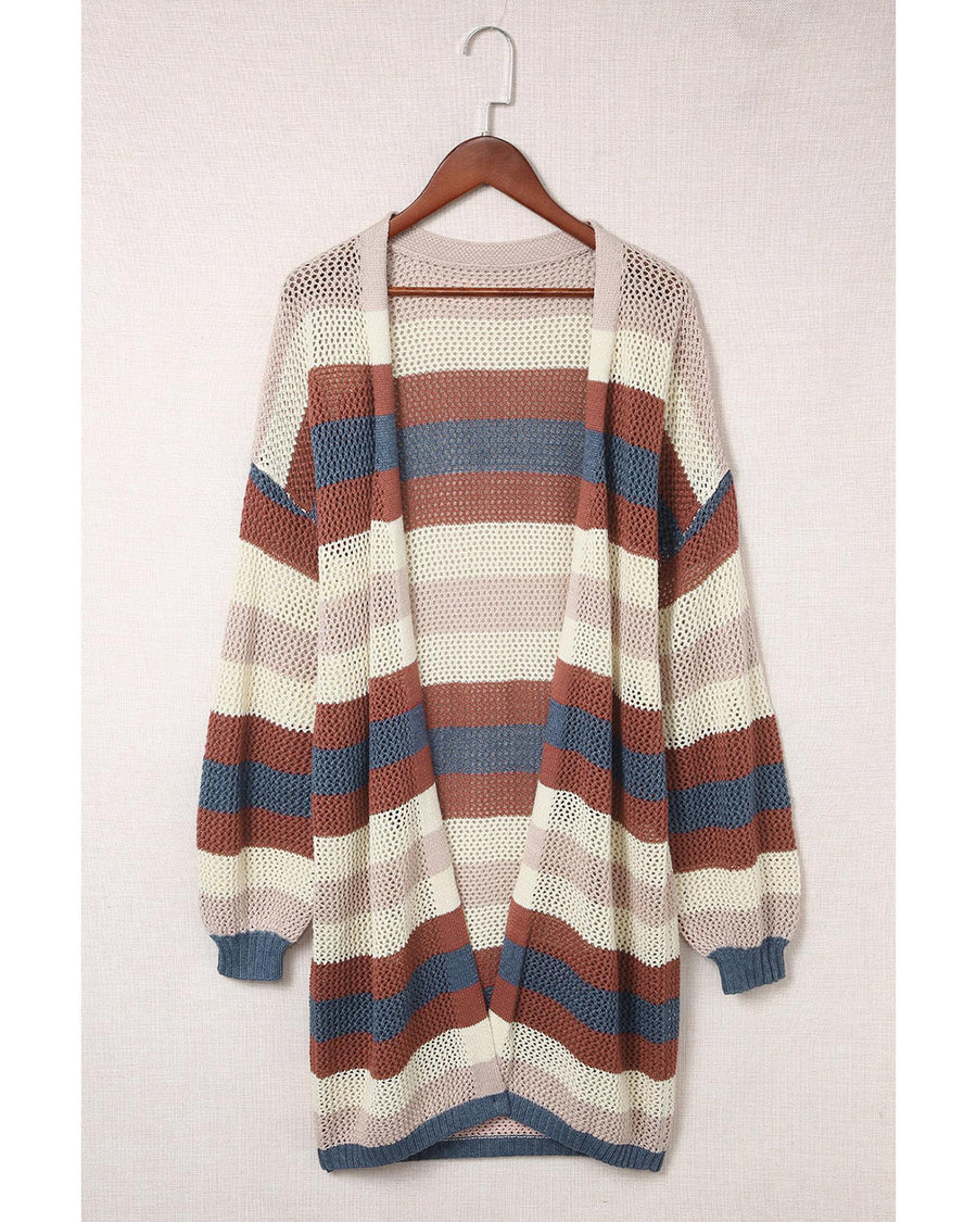 Blue Striped Color Block Hollowed Knit Cardigan - XL