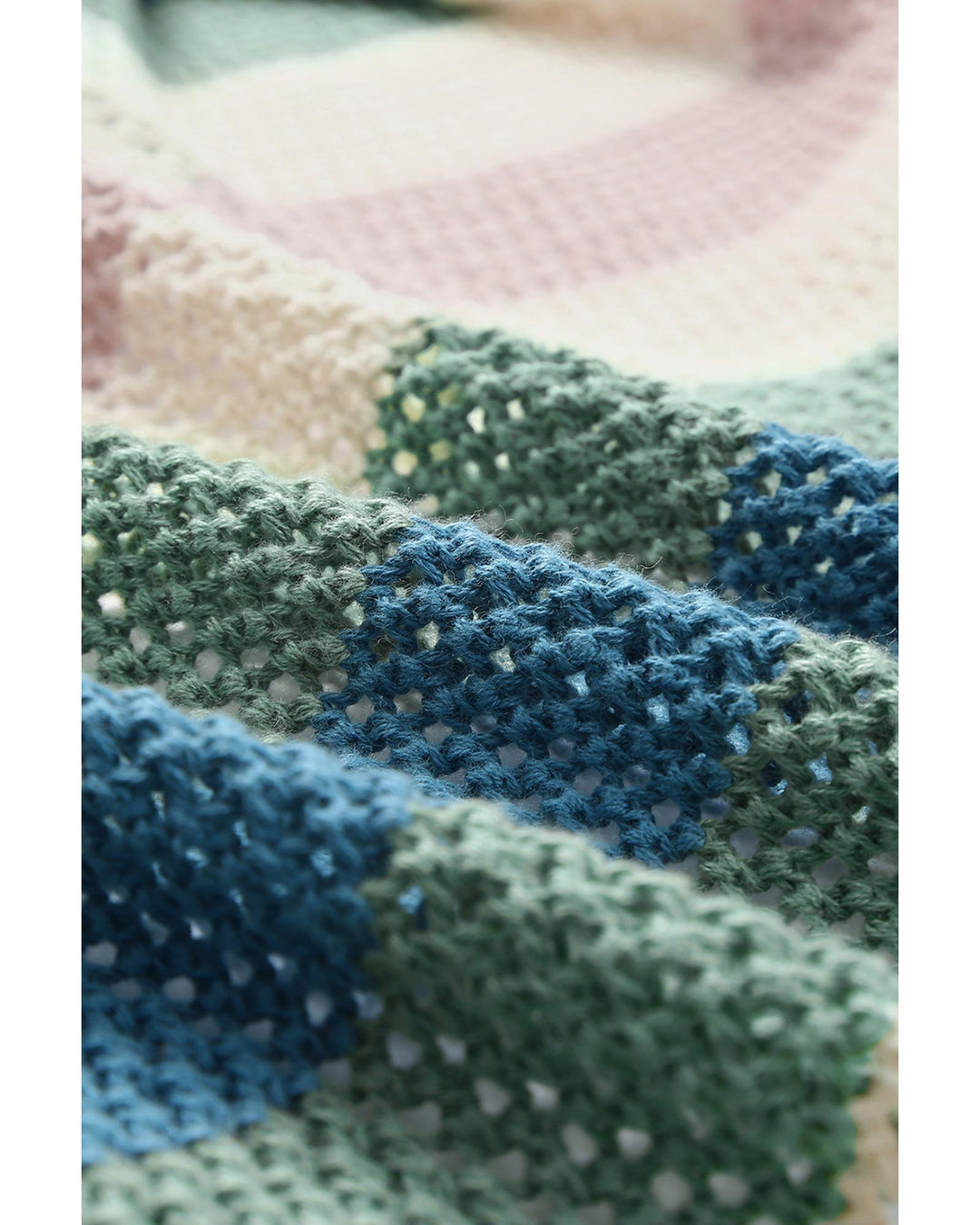Green Striped Color Block Hollowed Knit Cardigan - M