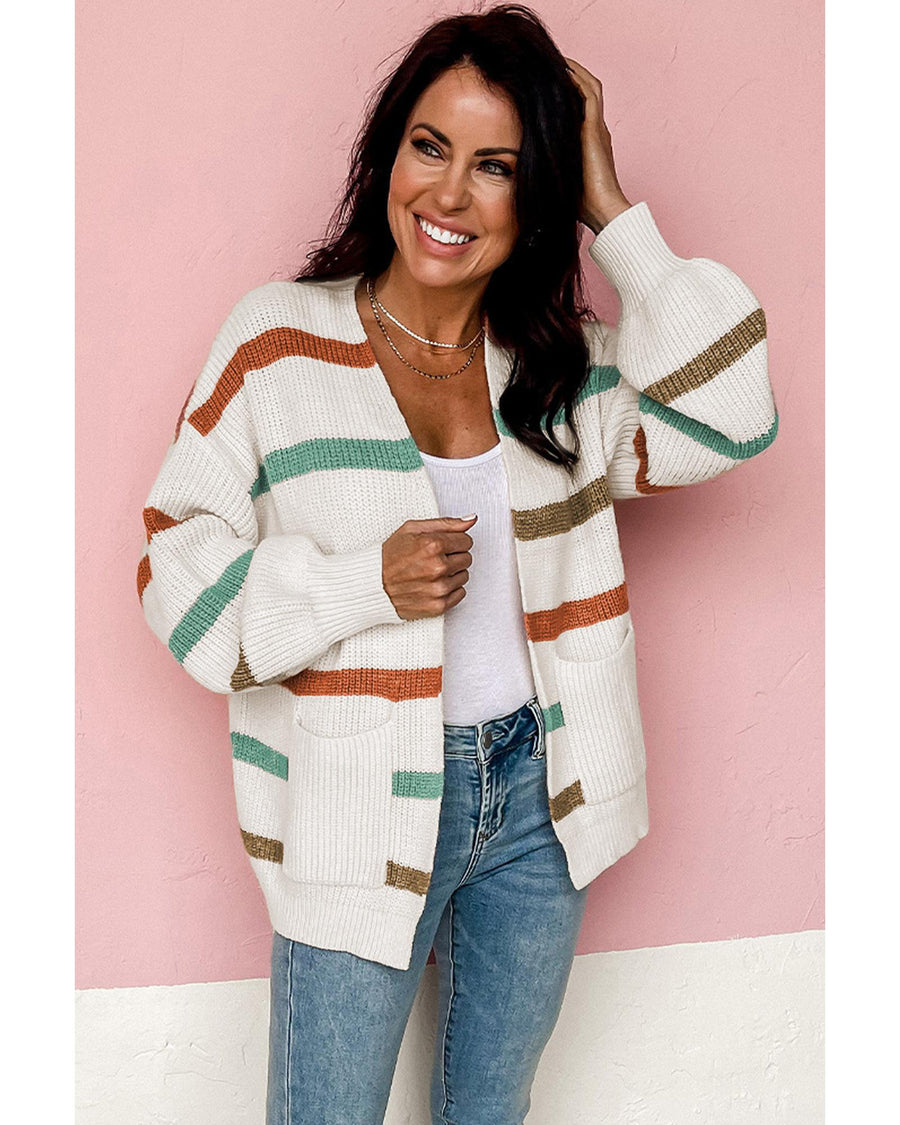 Azura Exchange Beige Drop Shoulder Pocketed Stripe Sweater Cardigan - XL