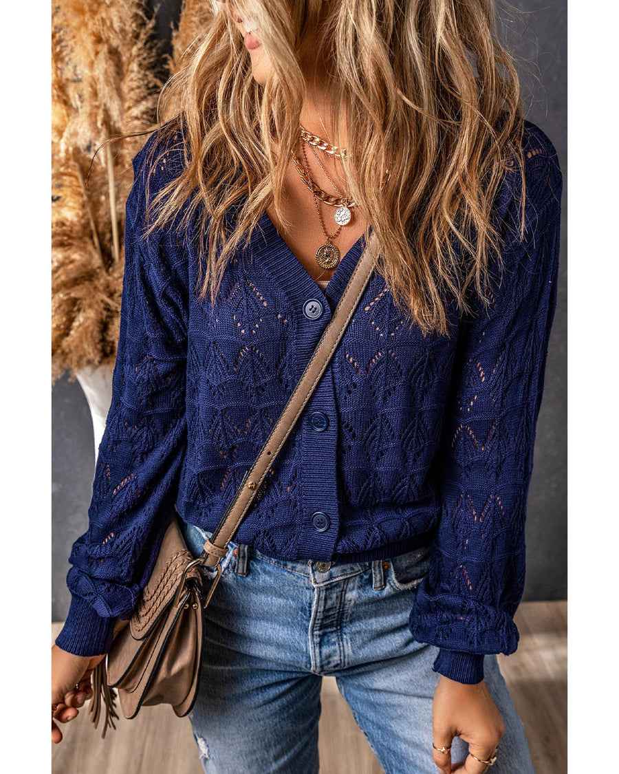 Blue Lightweight Buttoned Front Crochet Cardigan - XL
