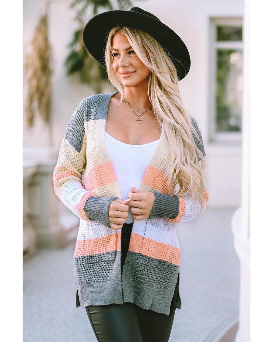 Multicolor Color Block Striped Pocketed Open Cardigan - S