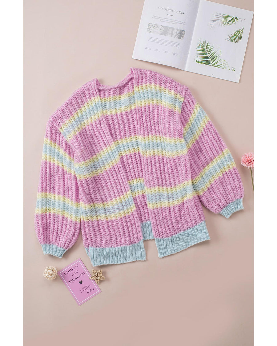 Pink Contrast Striped Open Front Cable Cardigan - M