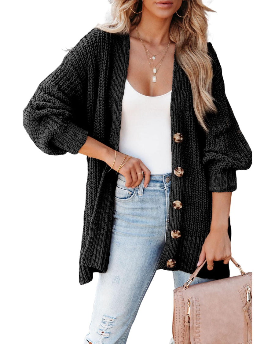 Black Buttoned Front Drop Shoulder Knitted Cardigan - S