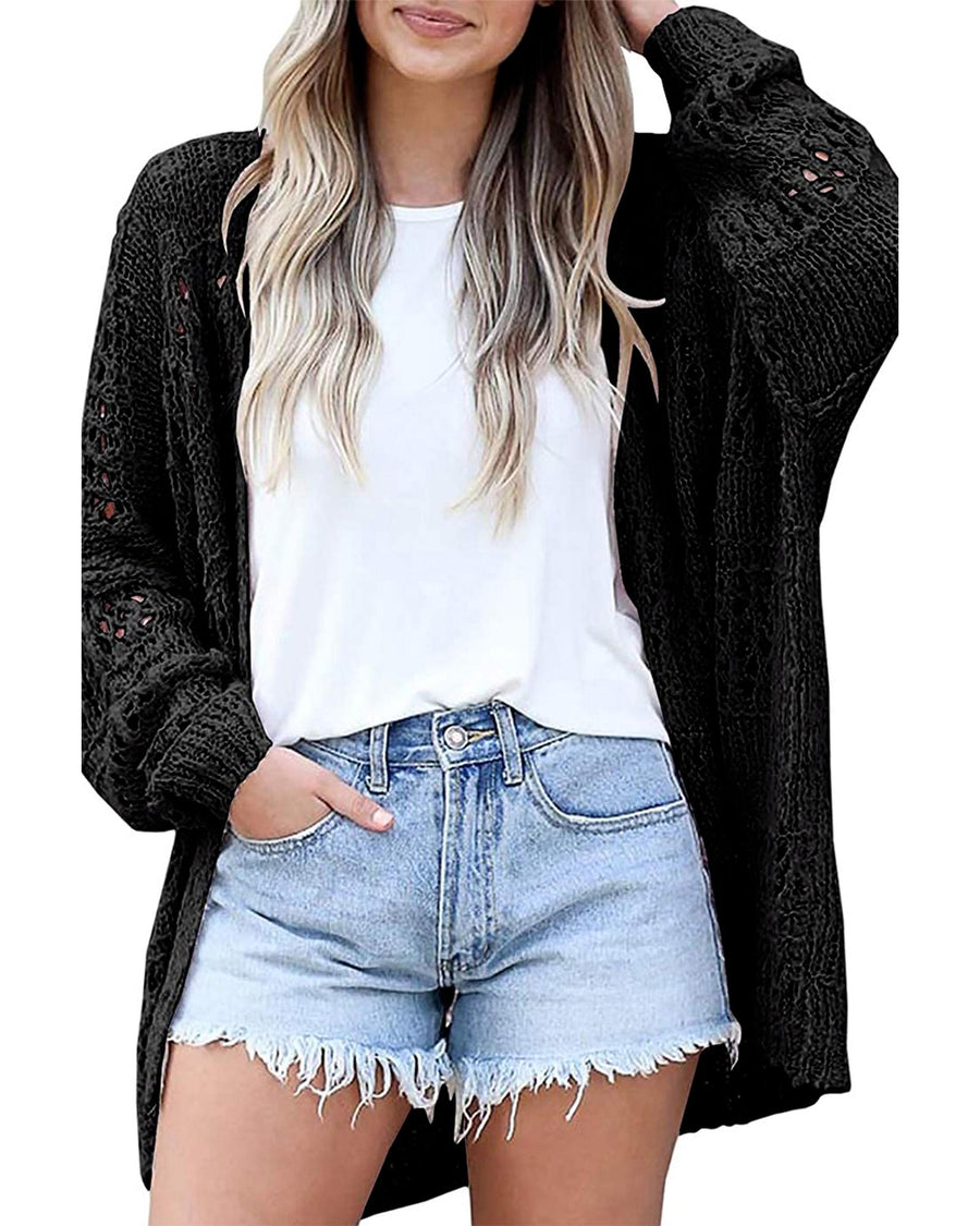 Black Casual Hollowed Knit Dolman Sleeve Cardigan - XL
