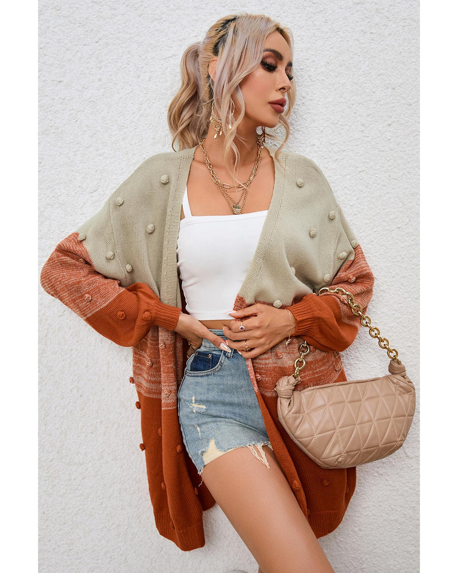 Azura Exchange Brown Pompom Color Block Open Front Cardigan - XL