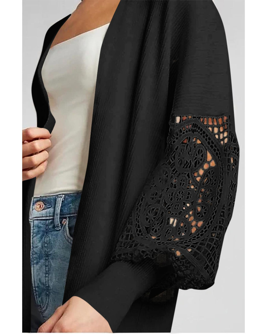 Black Crochet Lace Sleeve Ribbed Knit Cardigan - M