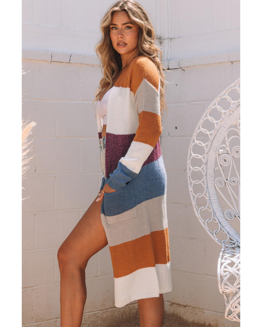Azura Exchange Multicolor Colorblock Open Front Long Knit Cardigan - XL