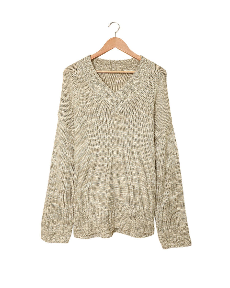 Gray V neck Drop Shoulder Knitted Sweater - XL