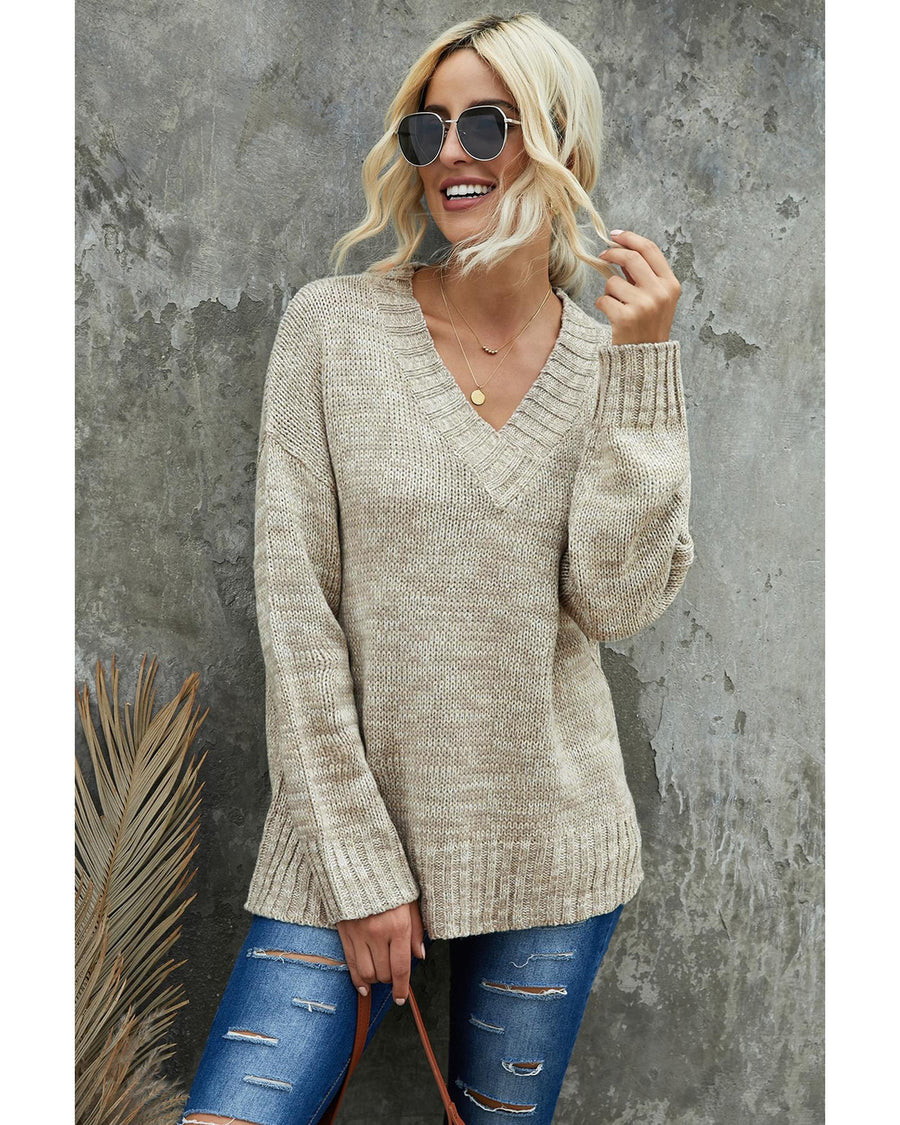 Khaki V neck Drop Shoulder Knitted Sweater - XL