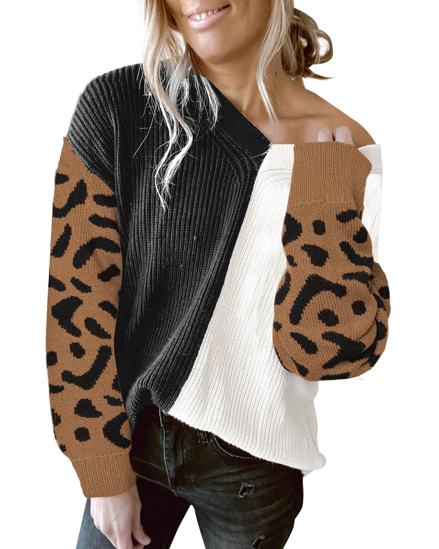Azura Exchange Leopard Print Contrast Color V Neck Sweater - M