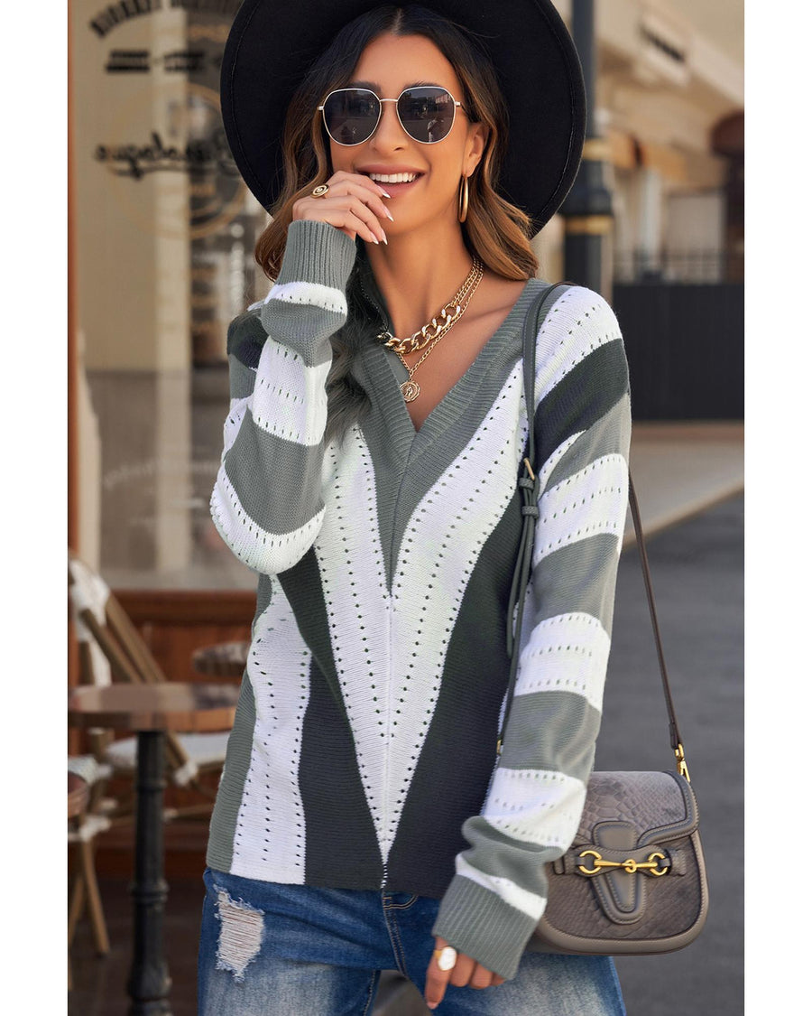 Gray Striped Colorblock V Neck Knitted Sweater - XS