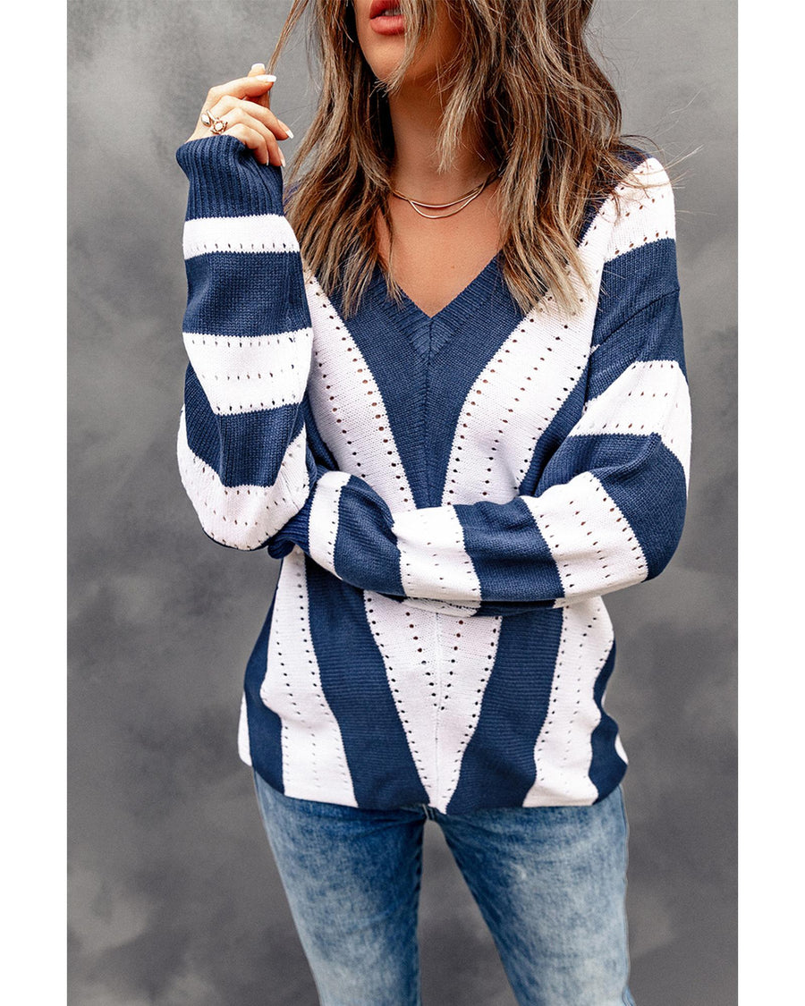 Blue Striped Colorblock V Neck Knitted Sweater - S