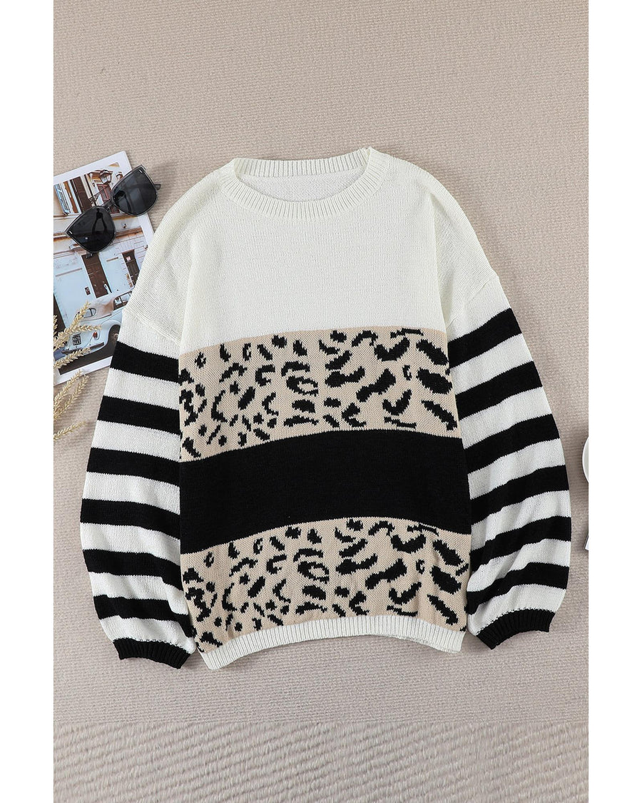 Slouchy Drop-shoulder Leopard Striped Colorblock Sweater - S