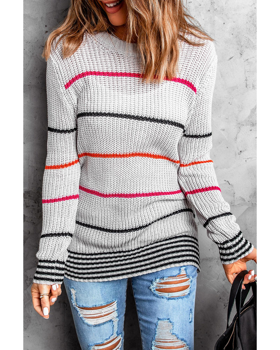 Gray Ribbed Knit Striped Sweater - M