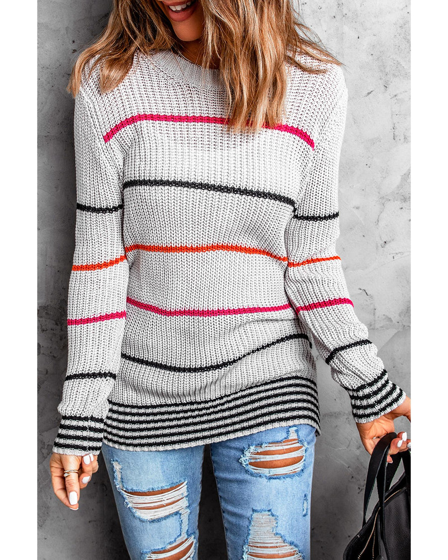 Gray Ribbed Knit Striped Sweater - XL