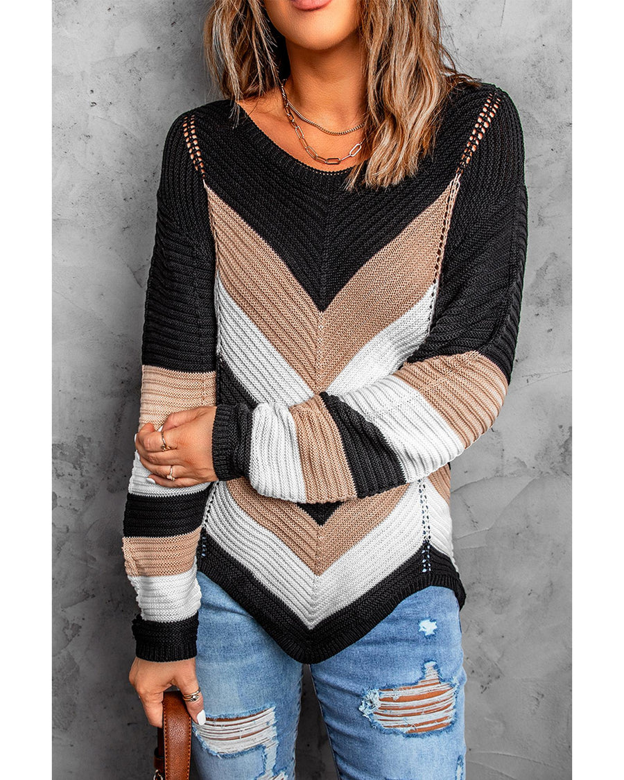 Black Chevron Colorblock Knit Sweater - S