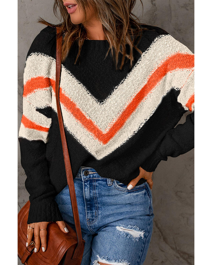 Black Chevron Striped Drop Shoulder Sweater - S
