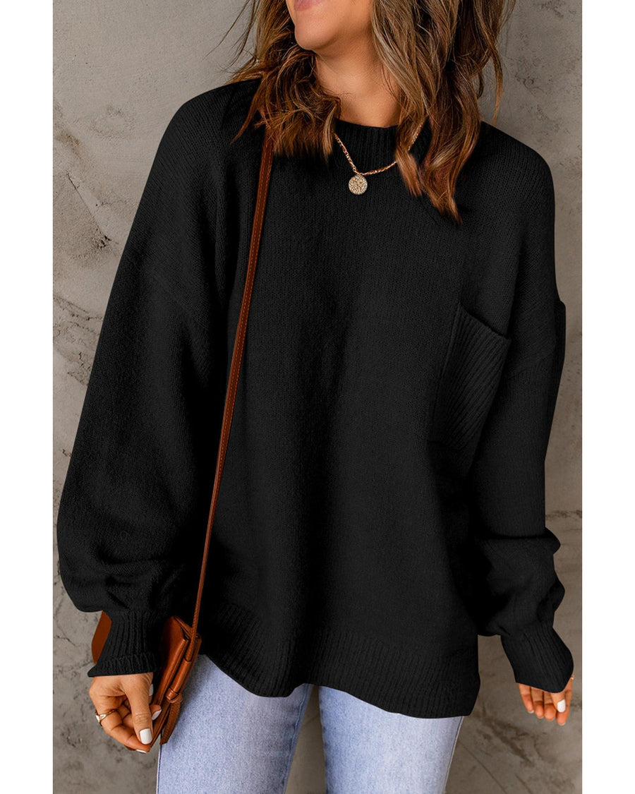 Black Solid Color Puffy Sleeve Pocketed Sweater - M