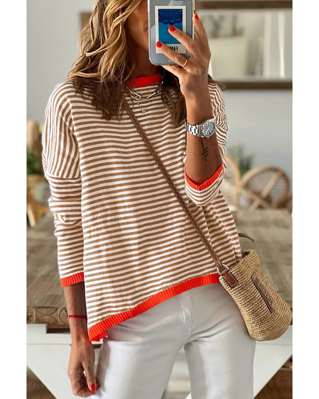 Brown Contrast Trimmed Striped Drop Shoulder Sweater - M