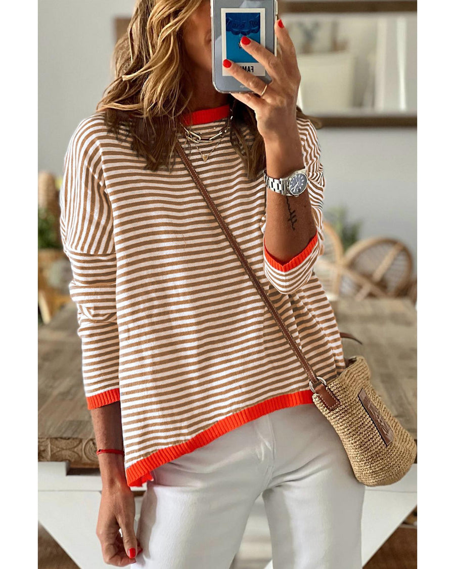 Brown Contrast Trimmed Striped Drop Shoulder Sweater - M