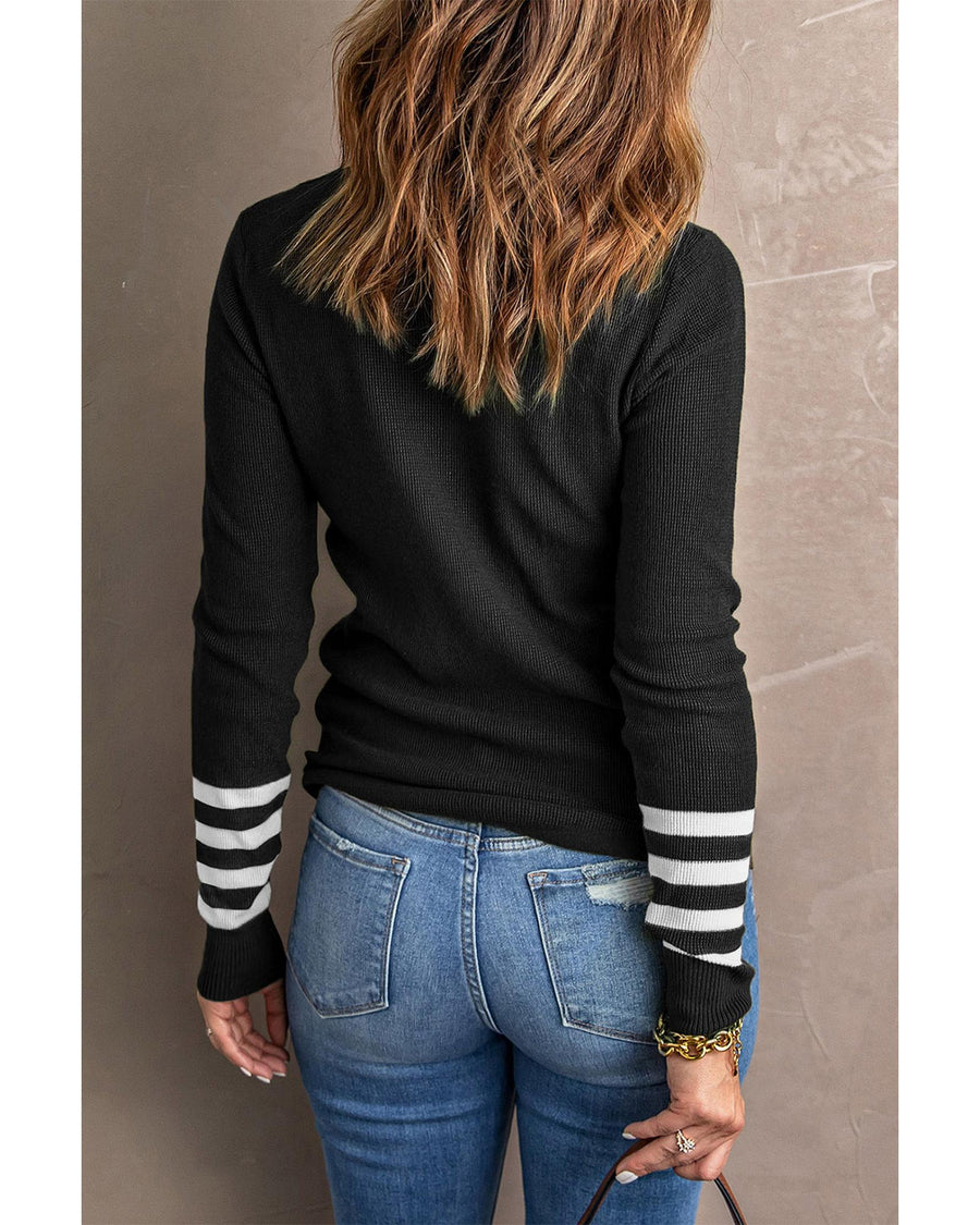 Black Striped Sleeve Plain Knit Sweater - L