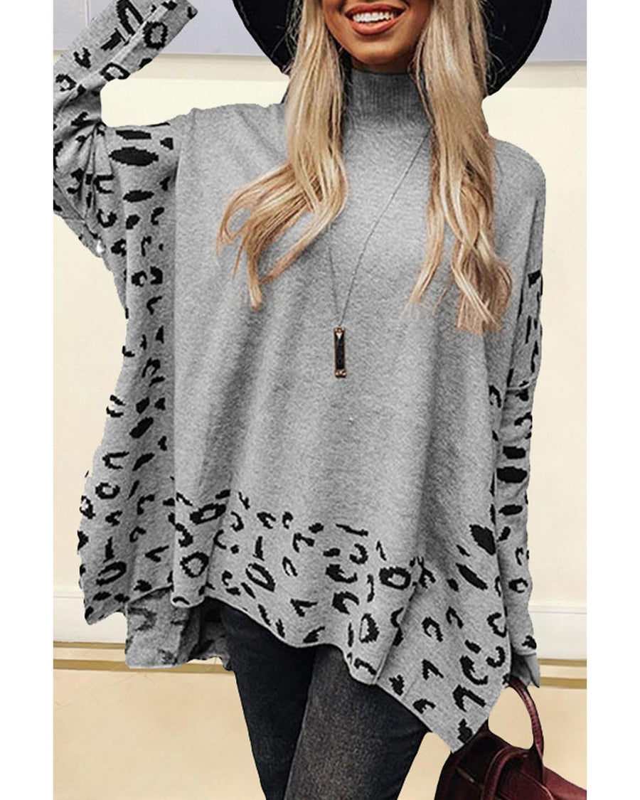 Gray Leopard High Neck Side Slit Oversized Sweater - S