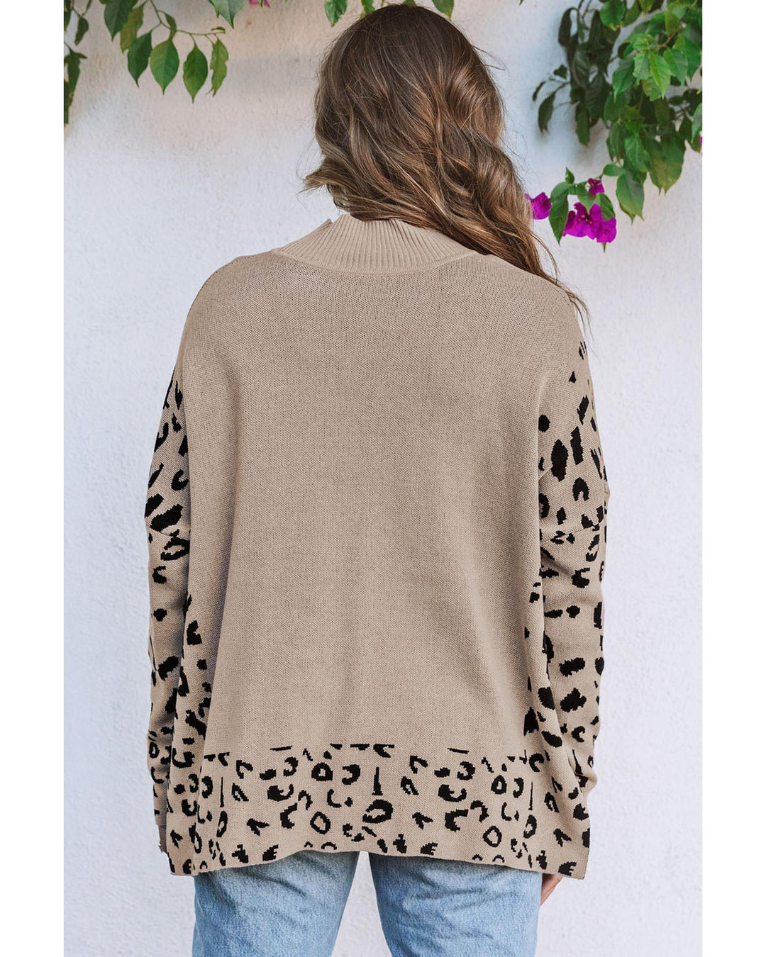Khaki Leopard High Neck Side Slit Oversized Sweater - S