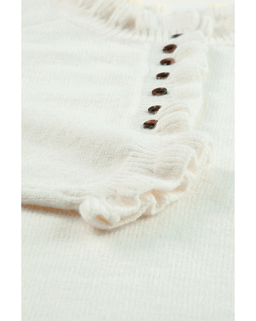 Beige Frill Trim Buttoned Knit Pullover Sweater - 2XL