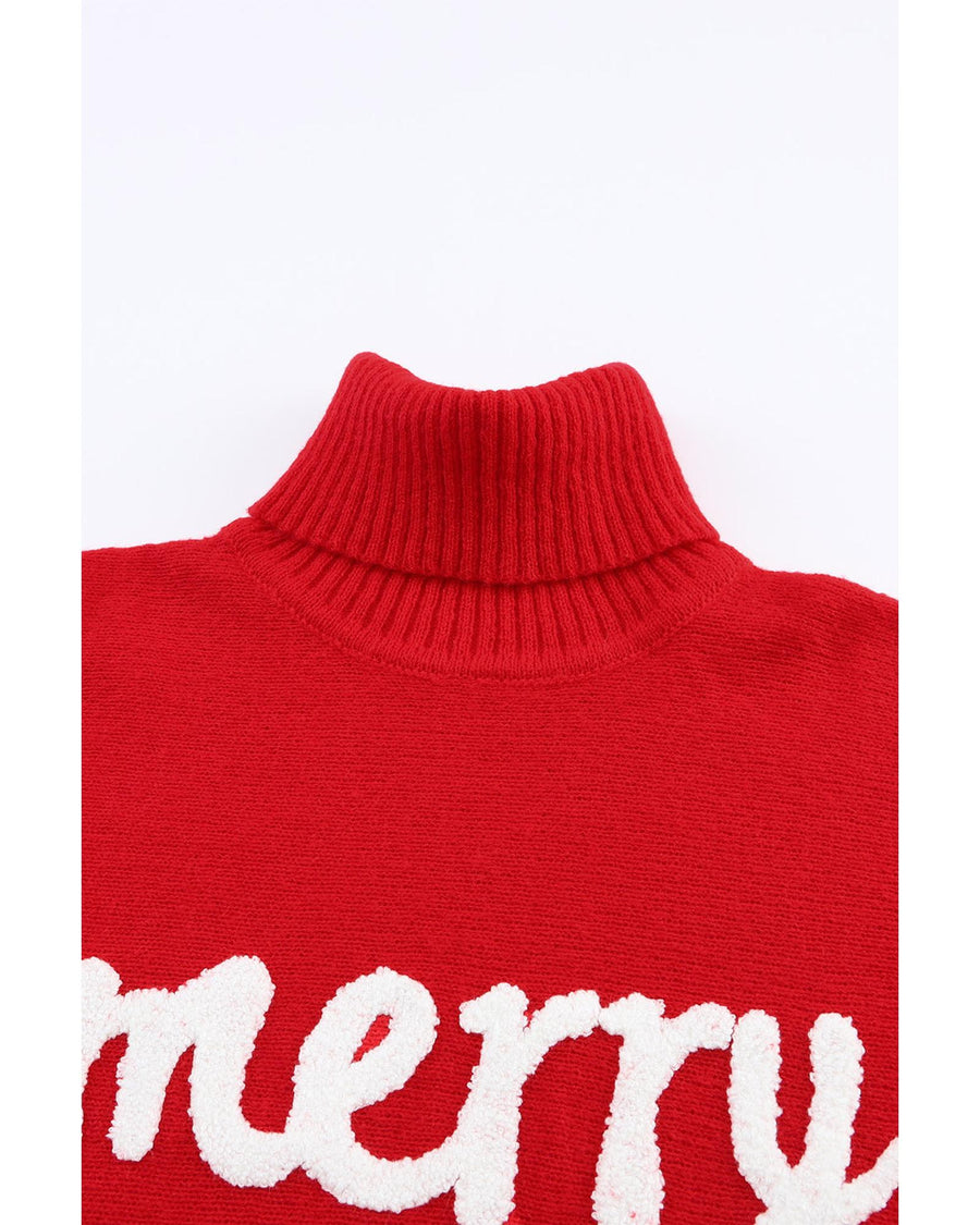 Azura Exchange Red Merry Letter Embroidered High Neck Sweater - S