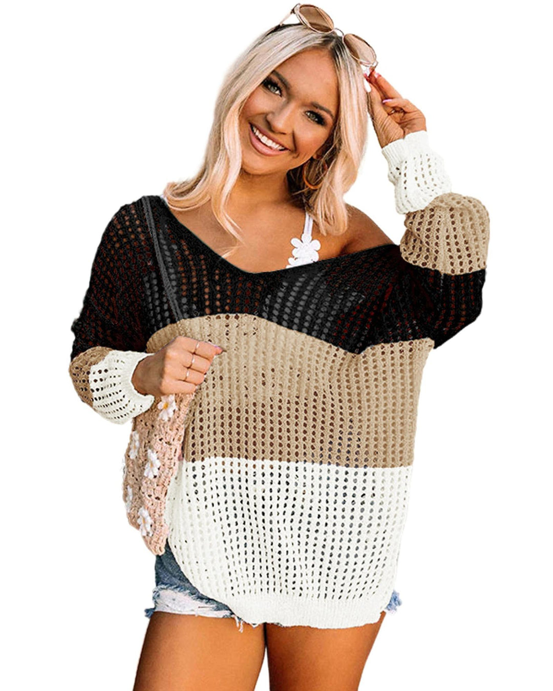 Black Color Block Eyelet Long Sleeve Twisted Back Knit Top - L
