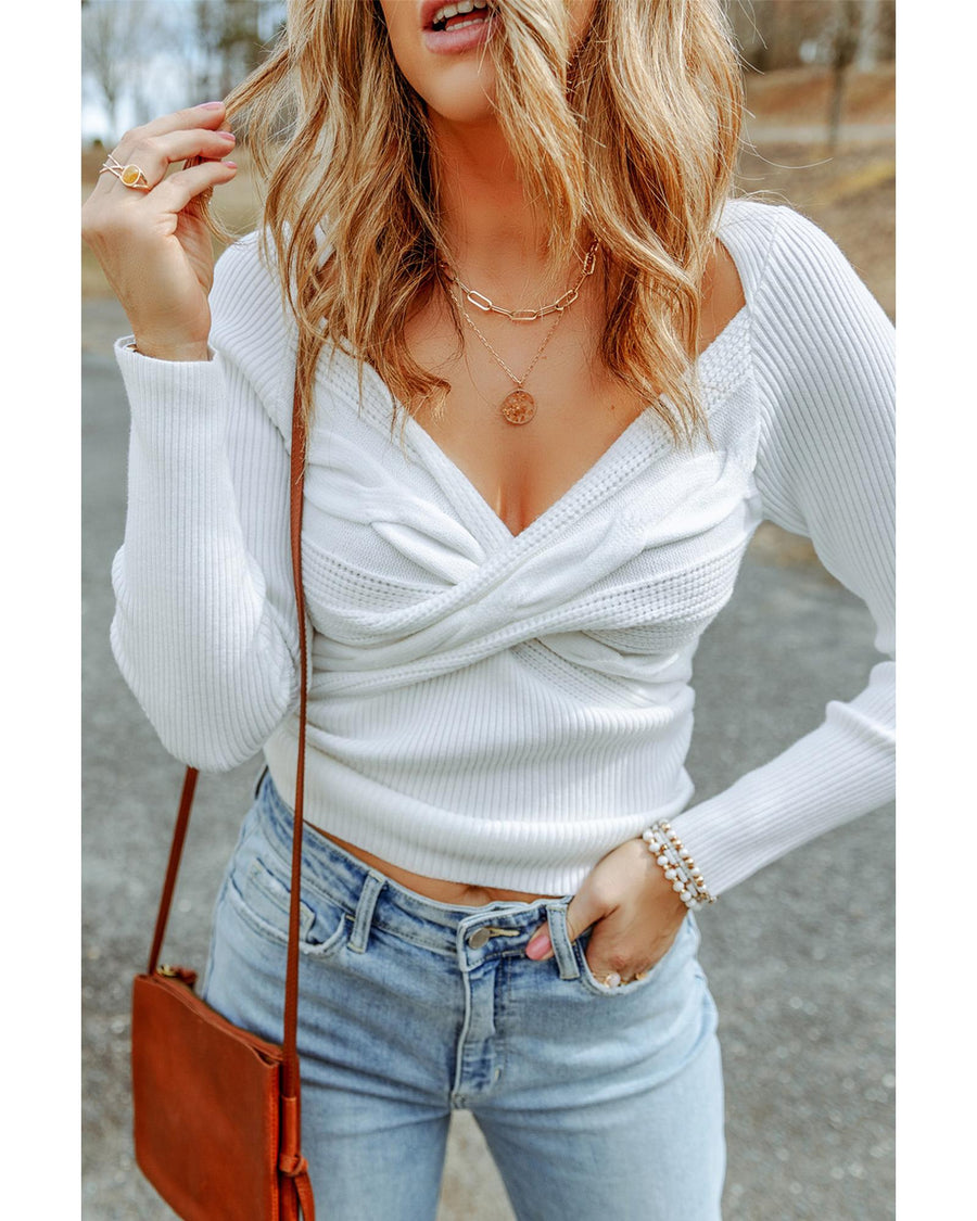 White Cable Crossed V Neck Sweater - L