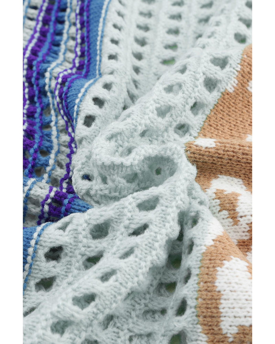 Multicolor Leopard Striped Mix Pattern Knit Crochet Sweater - XL