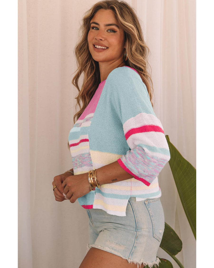 Pink Color Block Striped Three-Quarter Sleeve Knitted Top - L