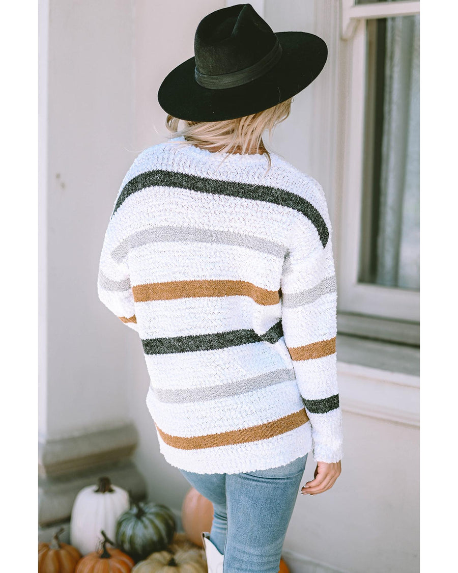 Striped Popcorn Knit Sweater - L