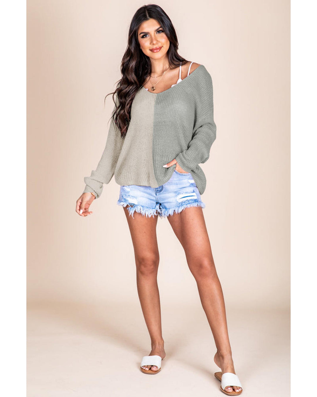Azura Exchange Gray Long Sleeve V-Neck Colorblock Sweater - M