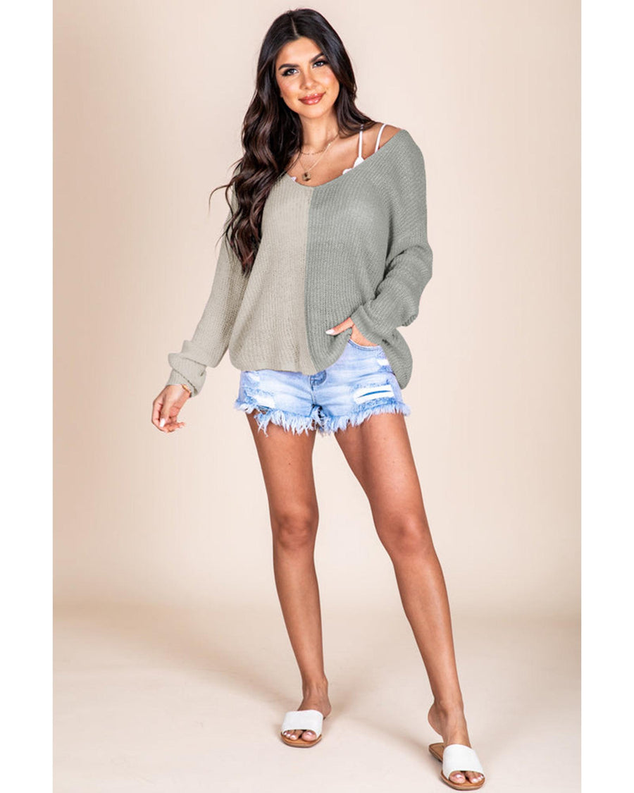 Azura Exchange Gray Long Sleeve V-Neck Colorblock Sweater - M